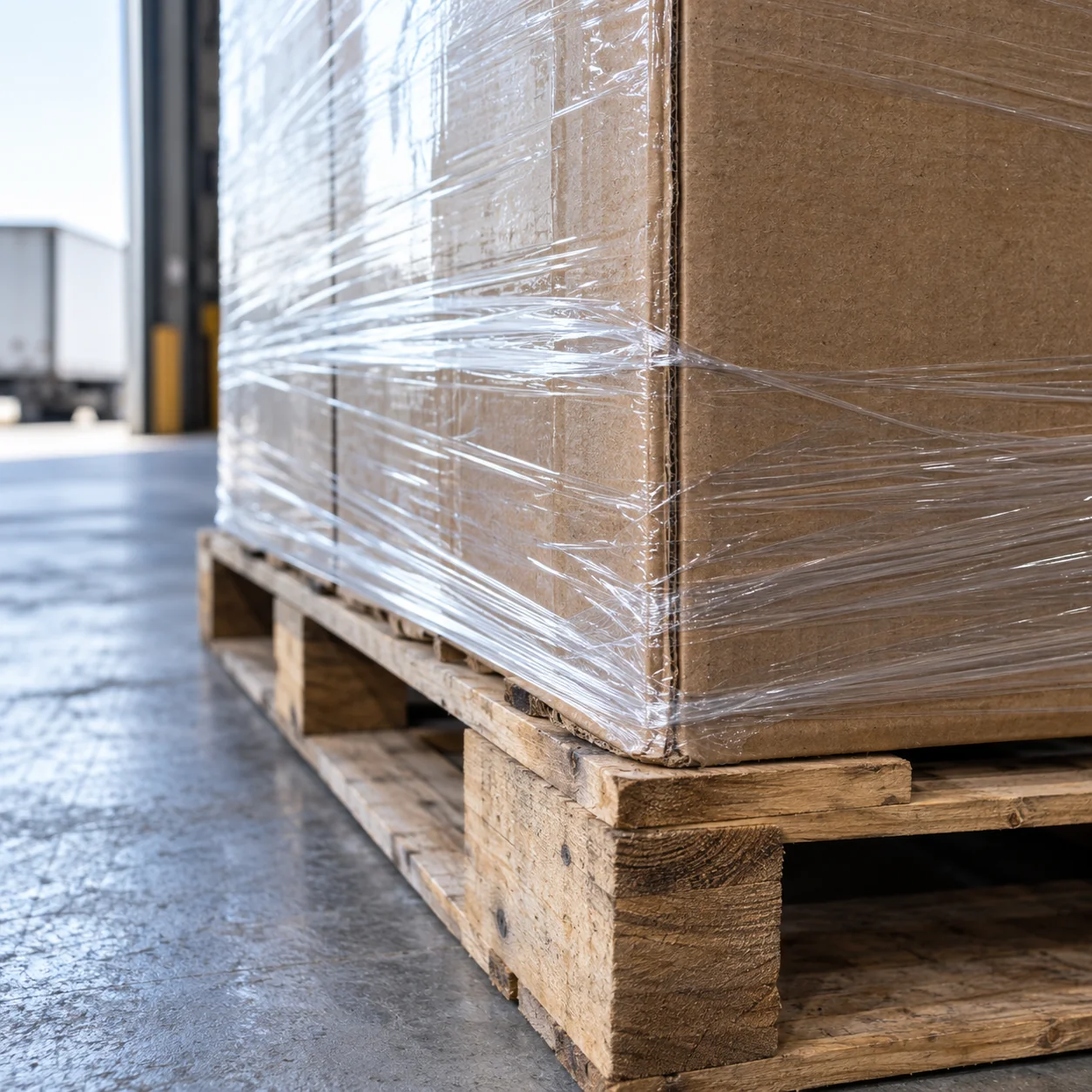 Illustrative shrink-wrapped carton and wooden pallet detail