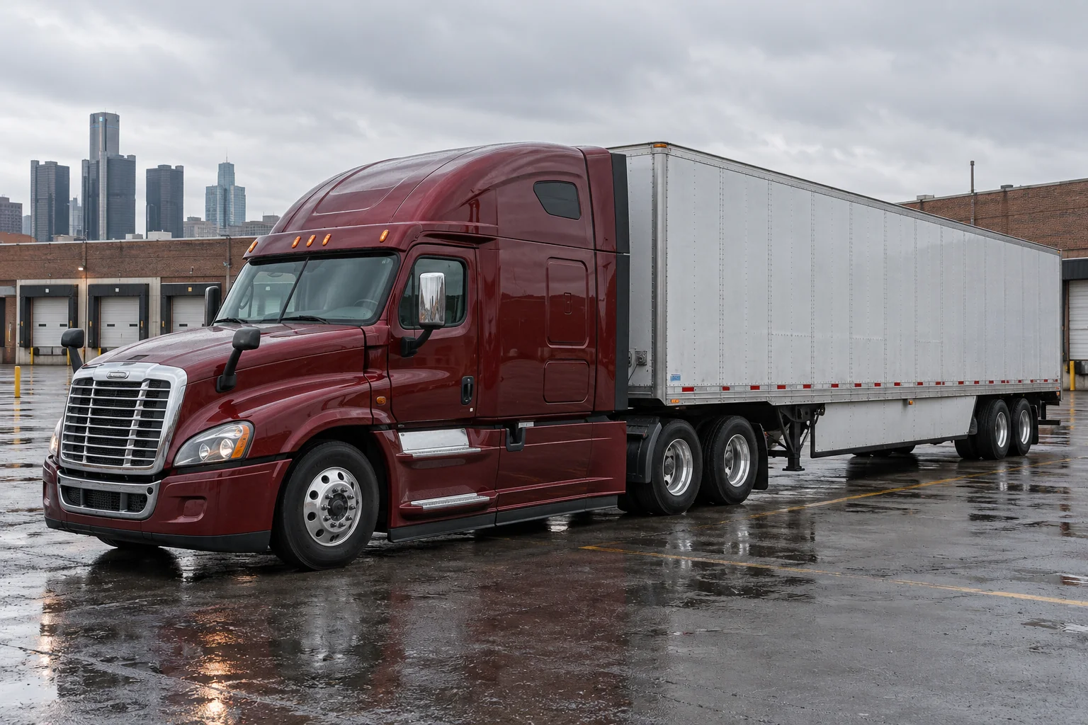 Illustrative red American semi-truck at an industrial freight terminal