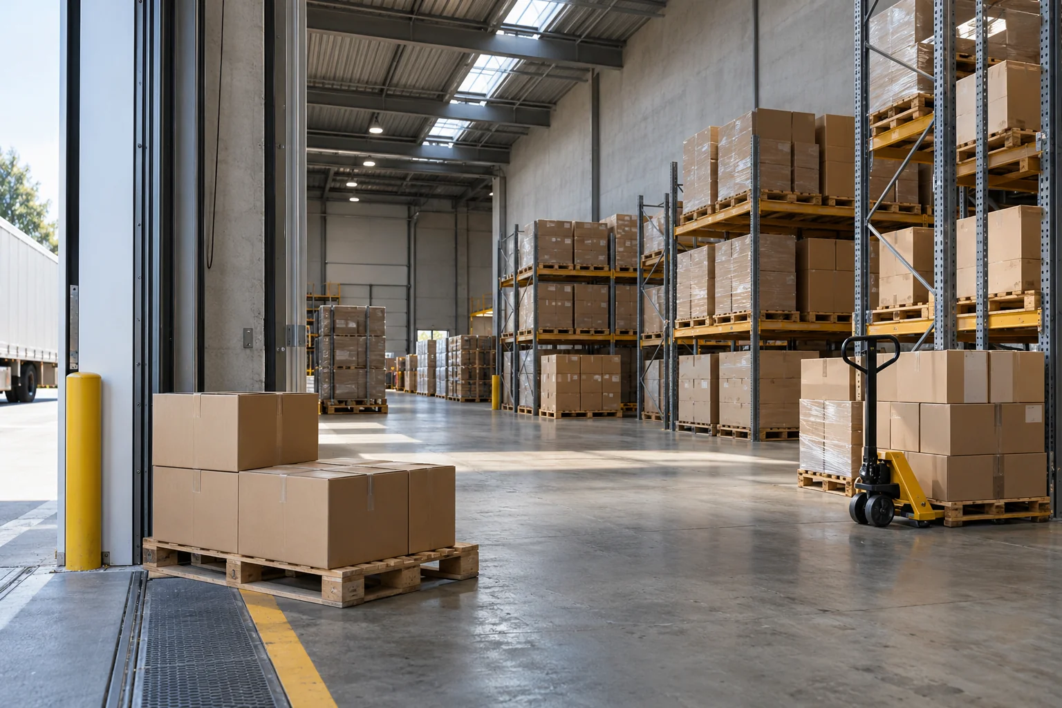 Illustrative warehouse loading area with palletized goods